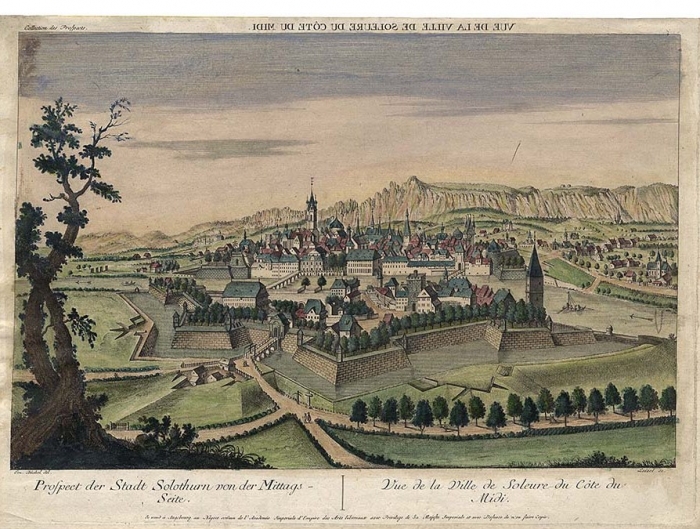 <p>498  Prospect der Stadt Solothurn von der Mittags-Seite . Vue de la Ville de Soleure du Côte du Midi.</p>
<table width=